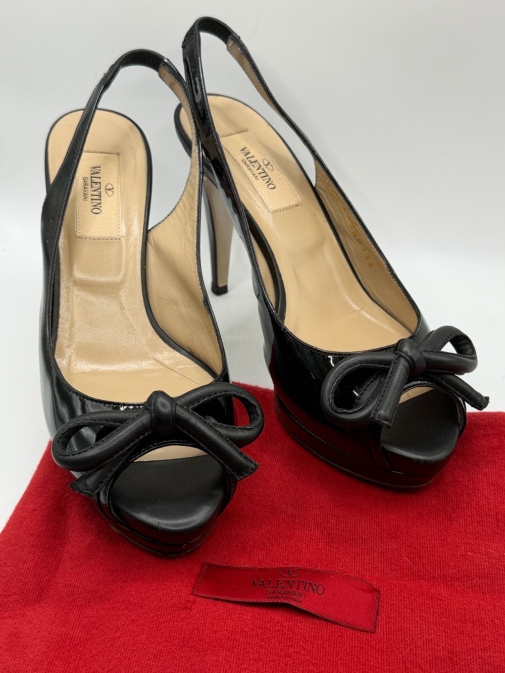 Valentino Garavani | Black Patent Leather Slingback Heels Bow Peep Toe |  36